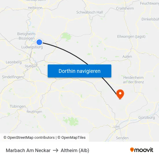Marbach Am Neckar to Altheim (Alb) map