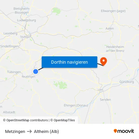 Metzingen to Altheim (Alb) map