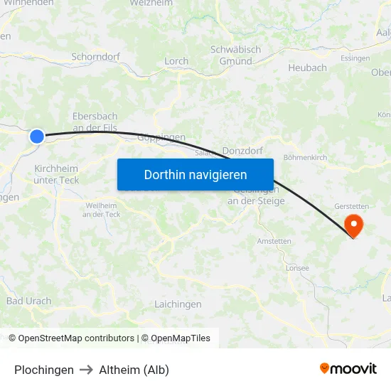 Plochingen to Altheim (Alb) map