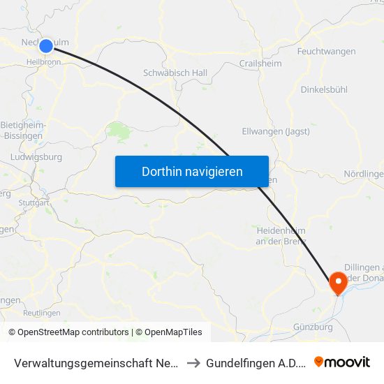 Verwaltungsgemeinschaft Neckarsulm to Gundelfingen A.D.Donau map