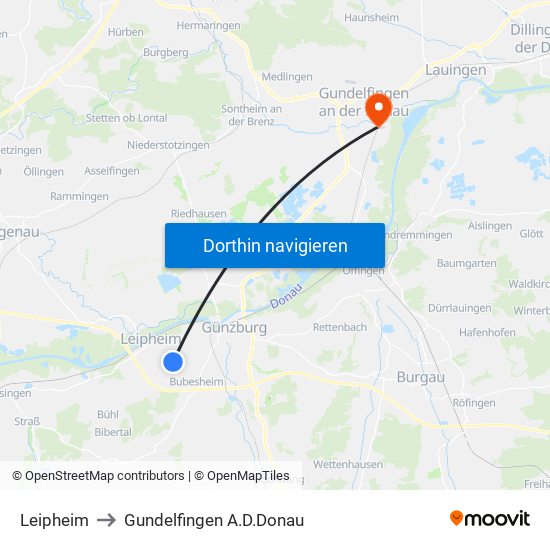 Leipheim to Gundelfingen A.D.Donau map