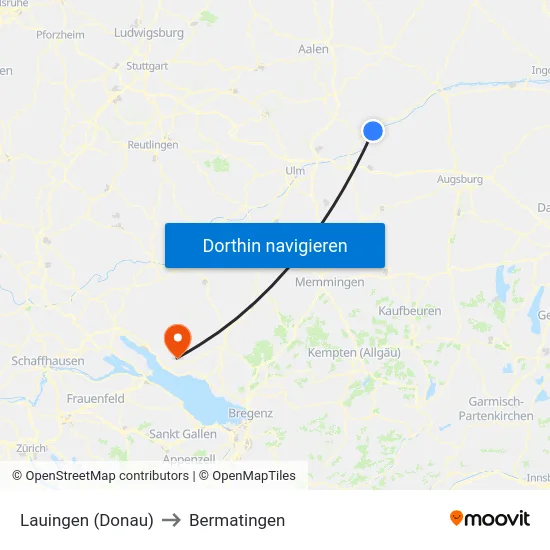 Lauingen (Donau) to Bermatingen map