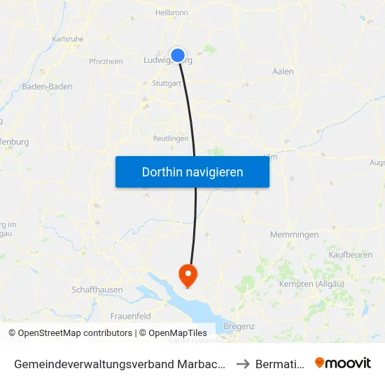 Gemeindeverwaltungsverband Marbach am Neckar to Bermatingen map