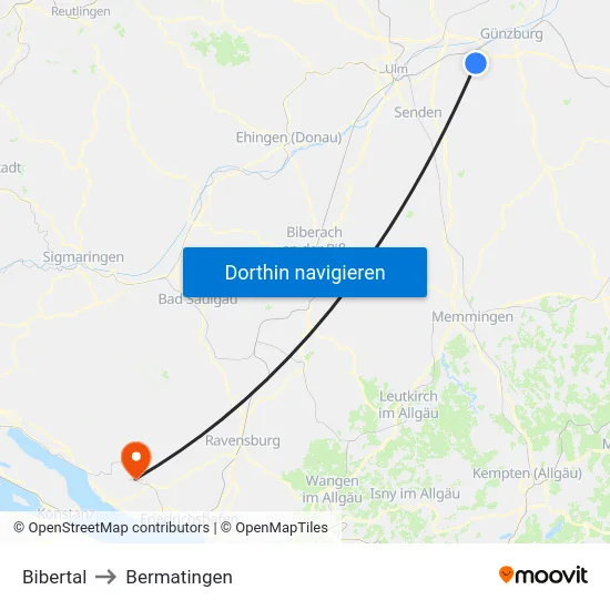 Bibertal to Bermatingen map
