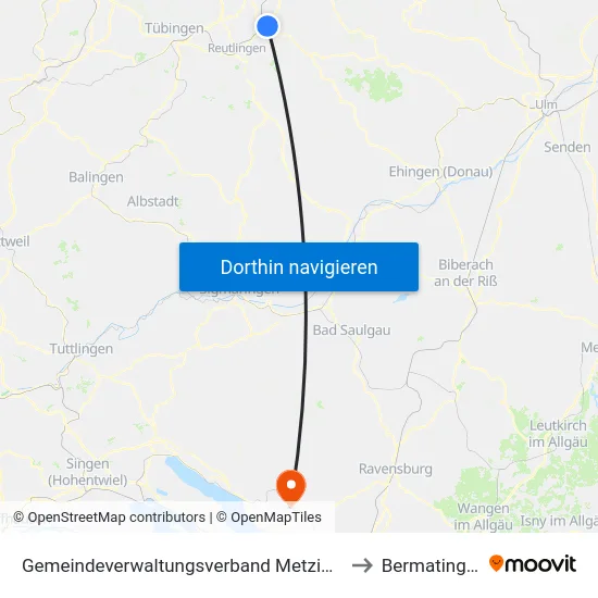 Gemeindeverwaltungsverband Metzingen to Bermatingen map