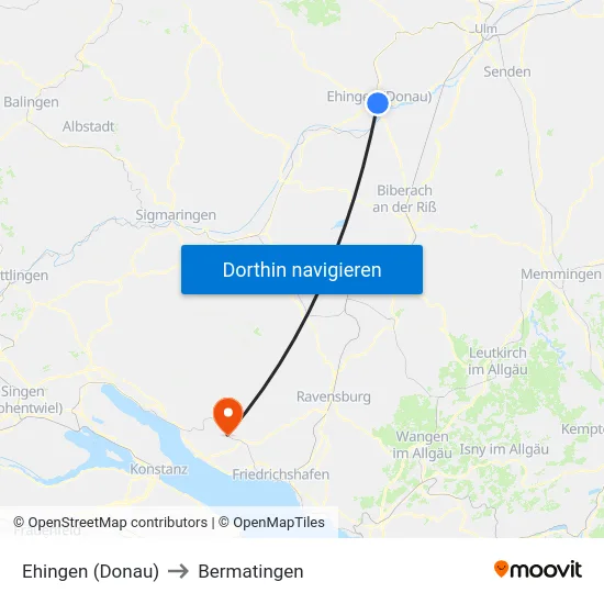 Ehingen (Donau) to Bermatingen map