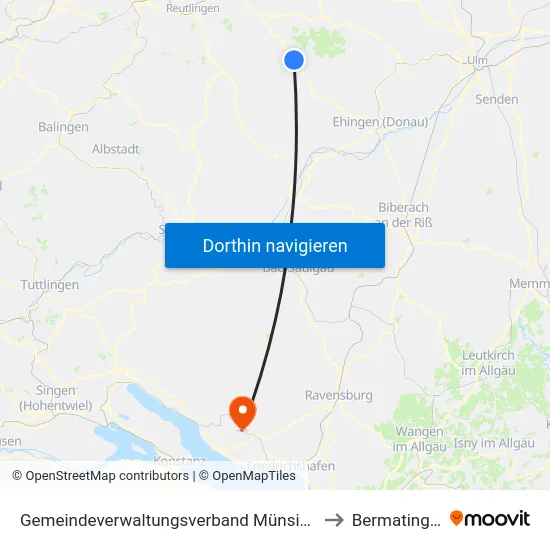 Gemeindeverwaltungsverband Münsingen to Bermatingen map