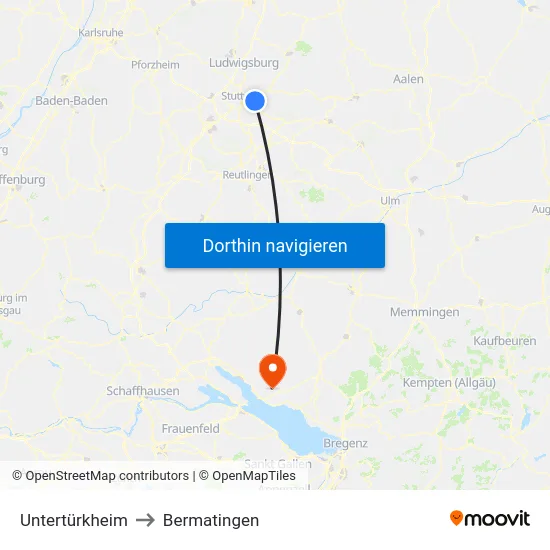 Untertürkheim to Bermatingen map