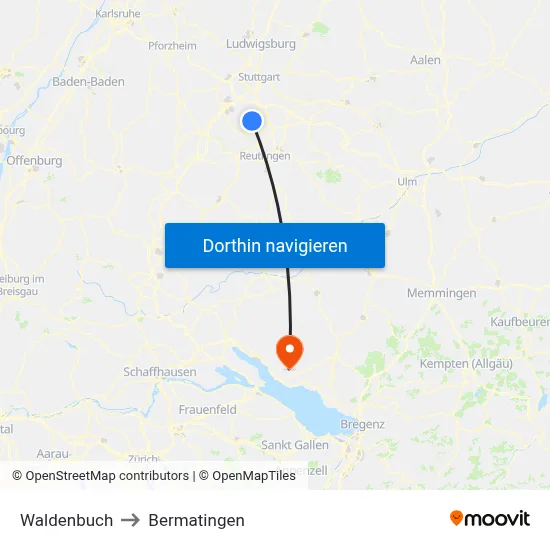 Waldenbuch to Bermatingen map