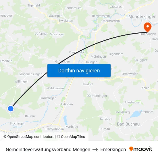 Gemeindeverwaltungsverband Mengen to Emerkingen map