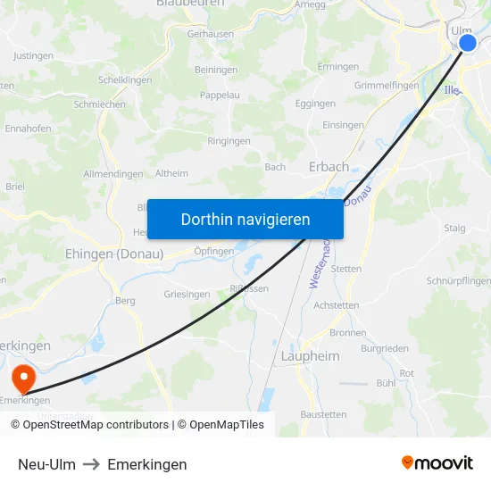 Neu-Ulm to Emerkingen map