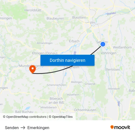 Senden to Emerkingen map