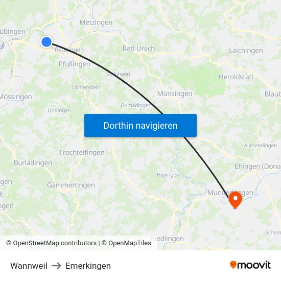 Wannweil to Emerkingen map