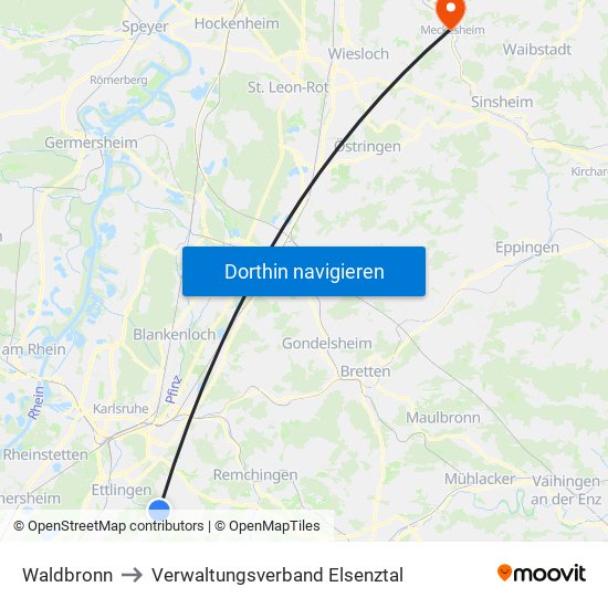 Waldbronn to Verwaltungsverband Elsenztal map