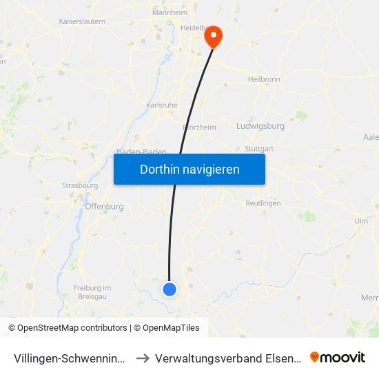 Villingen-Schwenningen to Verwaltungsverband Elsenztal map