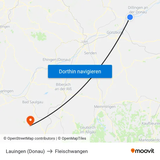 Lauingen (Donau) to Fleischwangen map