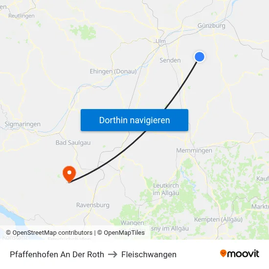 Pfaffenhofen An Der Roth to Fleischwangen map