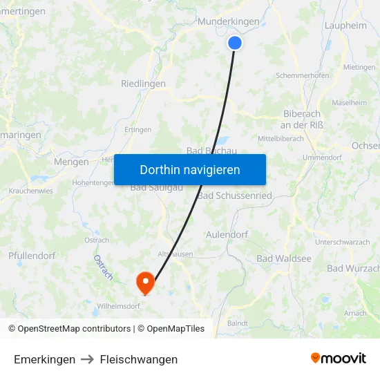Emerkingen to Fleischwangen map
