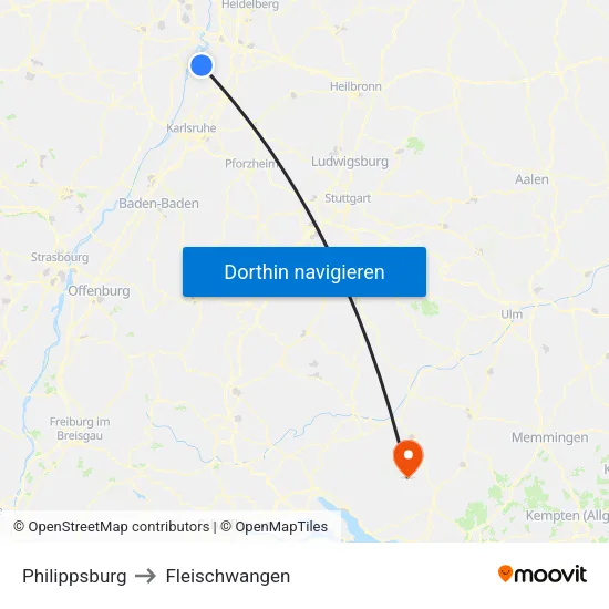 Philippsburg to Fleischwangen map