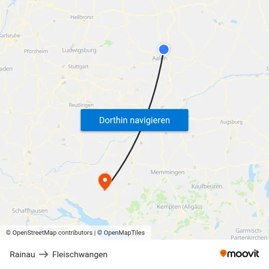 Rainau to Fleischwangen map