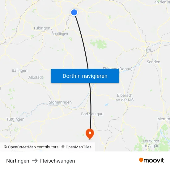 Nürtingen to Fleischwangen map