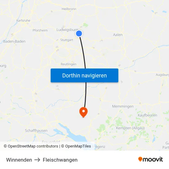 Winnenden to Fleischwangen map