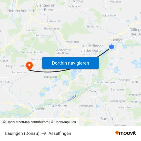 Lauingen (Donau) to Asselfingen map