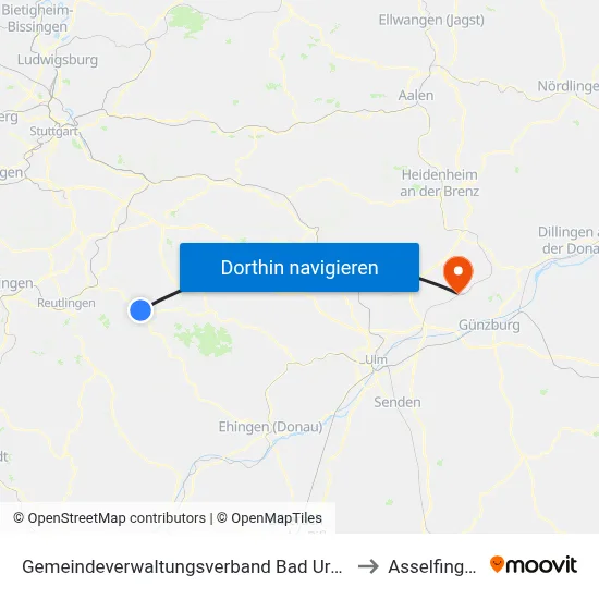 Gemeindeverwaltungsverband Bad Urach to Asselfingen map