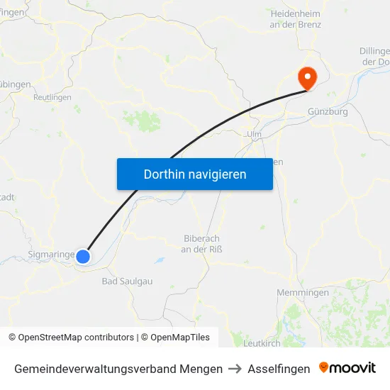 Gemeindeverwaltungsverband Mengen to Asselfingen map