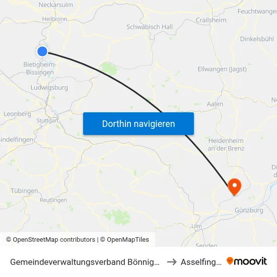 Gemeindeverwaltungsverband Bönnigheim to Asselfingen map