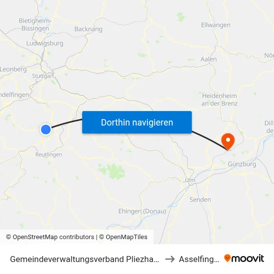 Gemeindeverwaltungsverband Pliezhausen to Asselfingen map