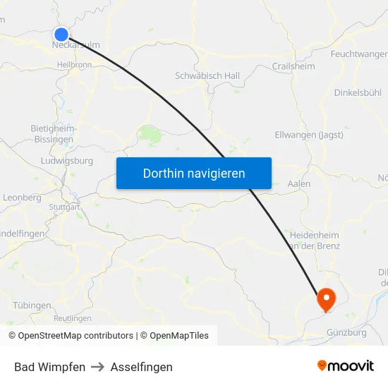 Bad Wimpfen to Asselfingen map