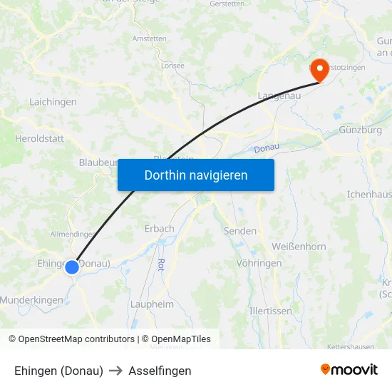 Ehingen (Donau) to Asselfingen map