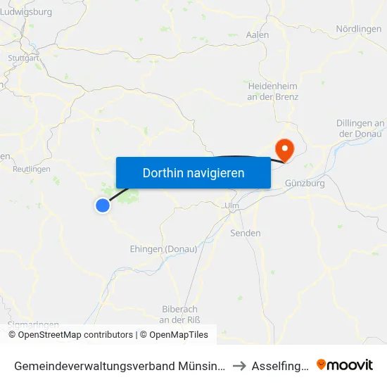 Gemeindeverwaltungsverband Münsingen to Asselfingen map