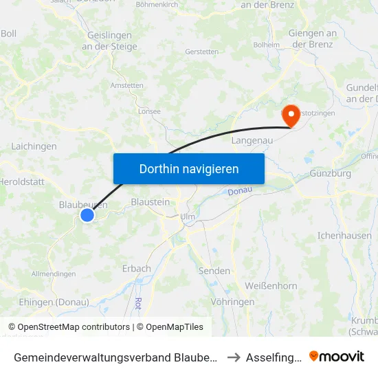 Gemeindeverwaltungsverband Blaubeuren to Asselfingen map