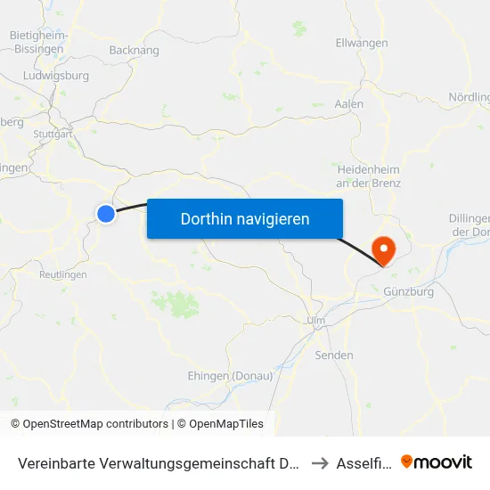 Vereinbarte Verwaltungsgemeinschaft Der Stadt Nürtingen to Asselfingen map