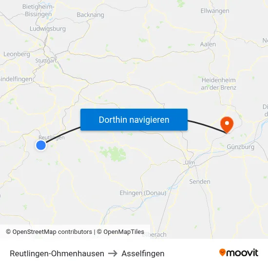 Reutlingen-Ohmenhausen to Asselfingen map
