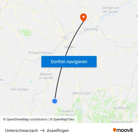 Unterschwarzach to Asselfingen map