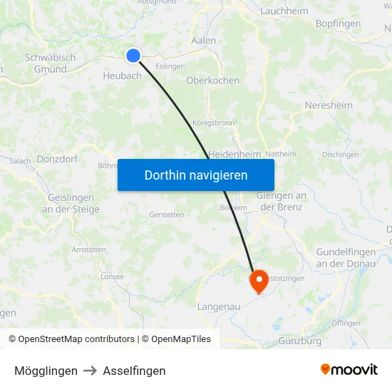 Mögglingen to Asselfingen map
