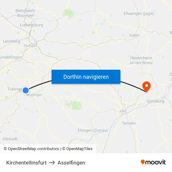 Kirchentellinsfurt to Asselfingen map