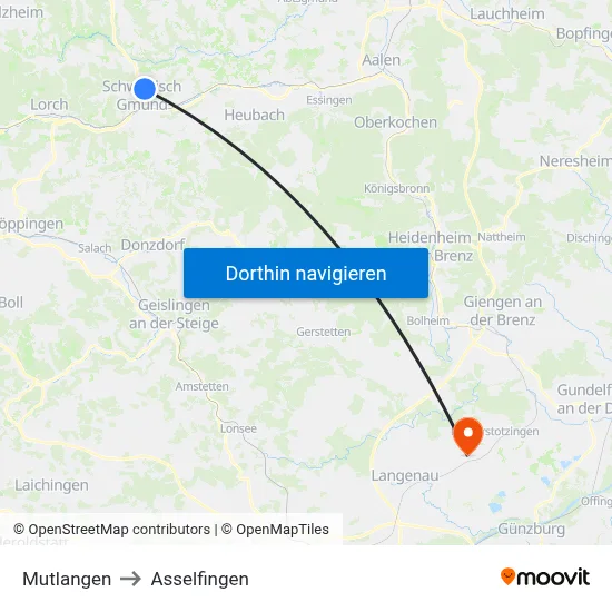 Mutlangen to Asselfingen map