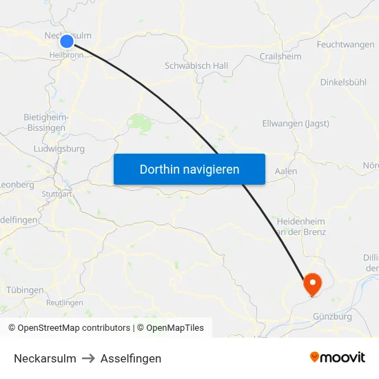 Neckarsulm to Asselfingen map