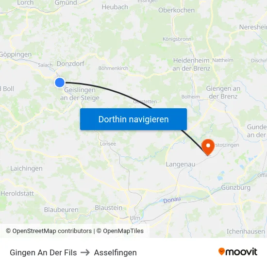 Gingen An Der Fils to Asselfingen map