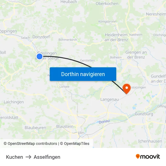 Kuchen to Asselfingen map