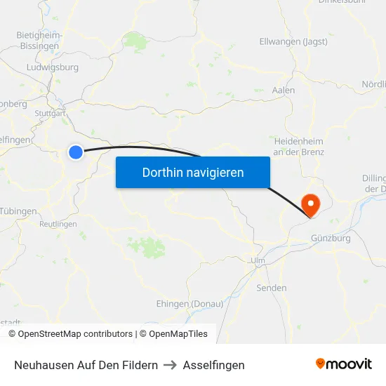 Neuhausen Auf Den Fildern to Asselfingen map