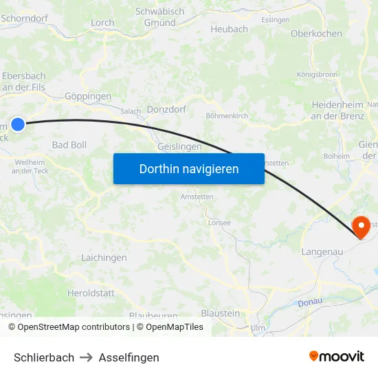 Schlierbach to Asselfingen map