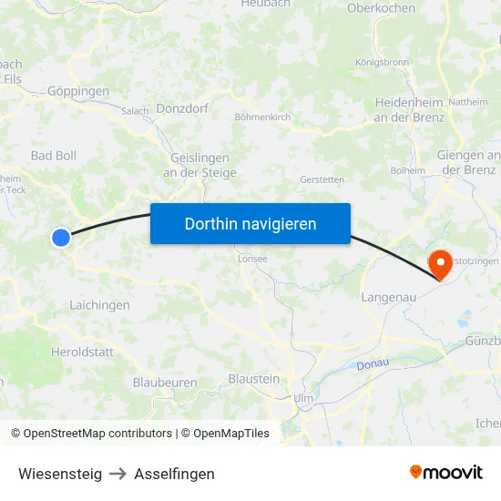 Wiesensteig to Asselfingen map