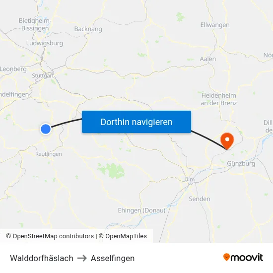 Walddorfhäslach to Asselfingen map