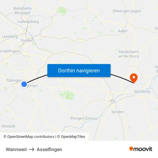 Wannweil to Asselfingen map