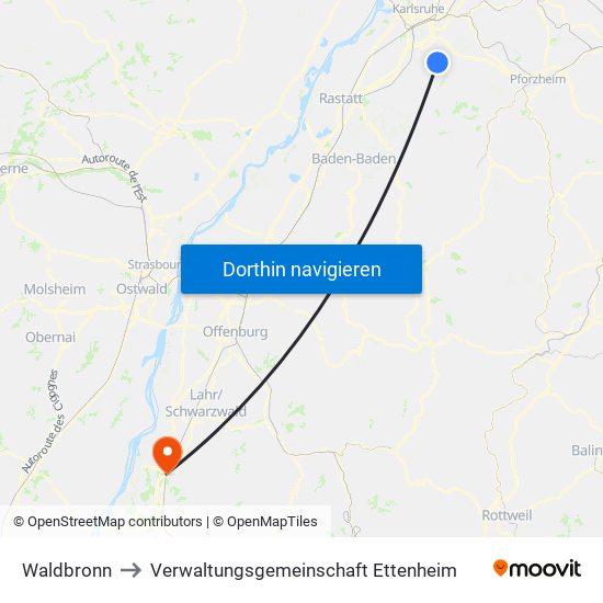 Waldbronn to Verwaltungsgemeinschaft Ettenheim map